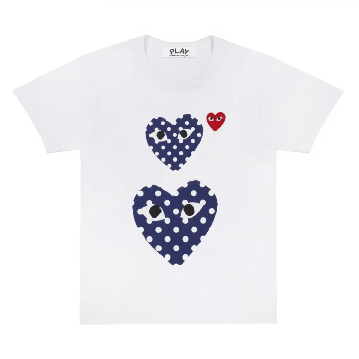 CDG White T-Shirt with Polka Dot Printed Small and Big Hearts